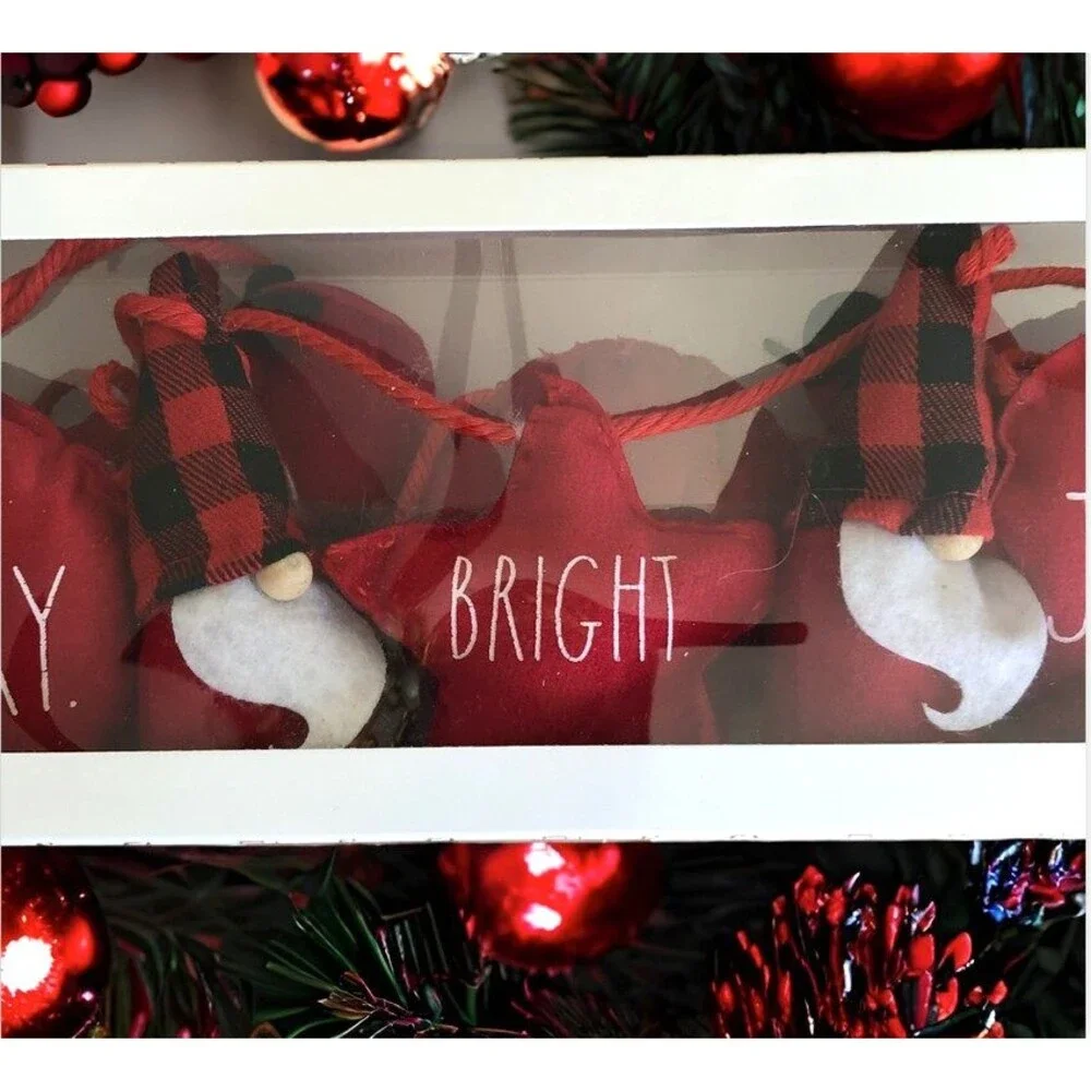 Rae Dunn Christmas Merry Bright Joyful Gnomes Mantle Garland Red Plaid 72